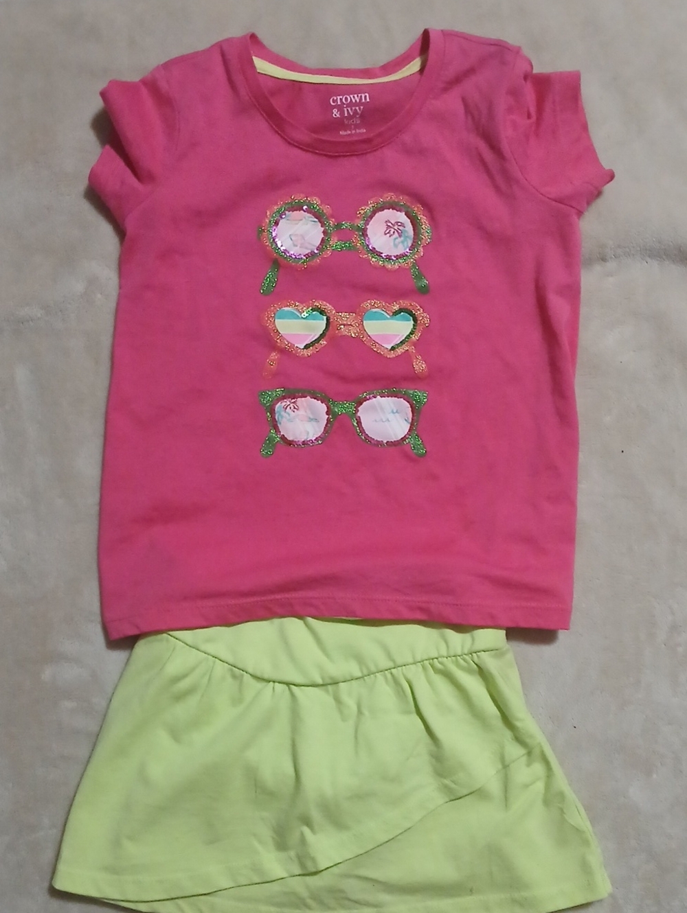 crown & ivy Pink and Lime Girls Matching Set - Sunglass Graphic Tee & Skirt